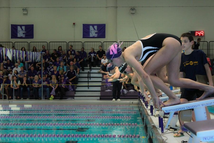 Swimmers from Northwestern, Oakland and Illinois-Chicago dive into the pool at the start of a race. Both NU’s men’s and women’s swimming teams beat both opponents in a tri-meet in Evanston this weekend.