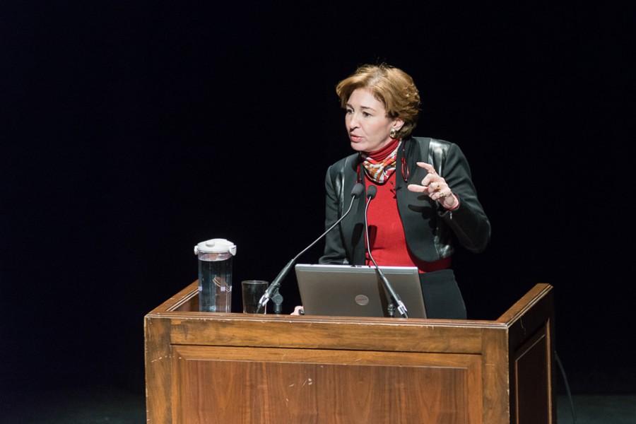 Anne-Marie Slaughter, former director of policy planning at the U.S. State Department, speaks in Cahn Auditorium about foreign policy crises and how to address them. Slaughter delivered her speech for the 25th annual Richard W. Leopold Lecture, named for a prominent former Northwestern history professor.