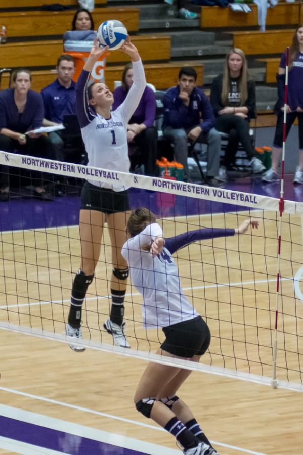 Taylor Tashima sets the ball for a spike. The true freshman setter has excelled in her first year, starting 22 games for the Wildcats.