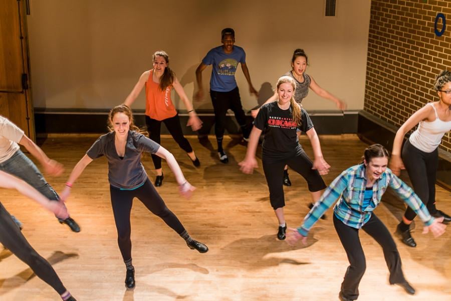 Performing together for the first time, members of Graffiti and Tonik Tap rehearse. Their show, “Hooked on Graffoniks,” opens Jan. 16 in the Jones Great Room. 