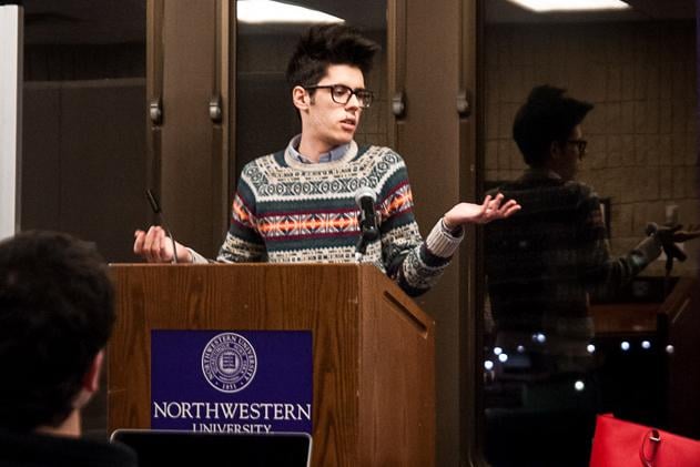 Weinberg senior Petros Karahalios speaks on a resolution about active consent at Senate on Wednesday. The resolution was inspired by California’s “yes means yes” law, which passed in September.