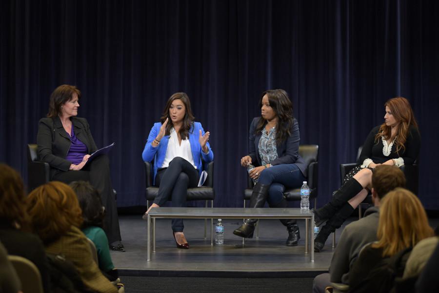 Christine Brennan (Medill ’80, ’81), Cassidy Hubbarth (Medill ’07), Pam Oliver and Rachel Nichols (Medill ’95) discuss women in sports media at a panel Tuesday. The panel was the fifth installment of the “Beyond the Box Score”  lecture series hosted by the Medill School of Journalism, Media, Integrated Marketing Communications and Northwestern Athletics.