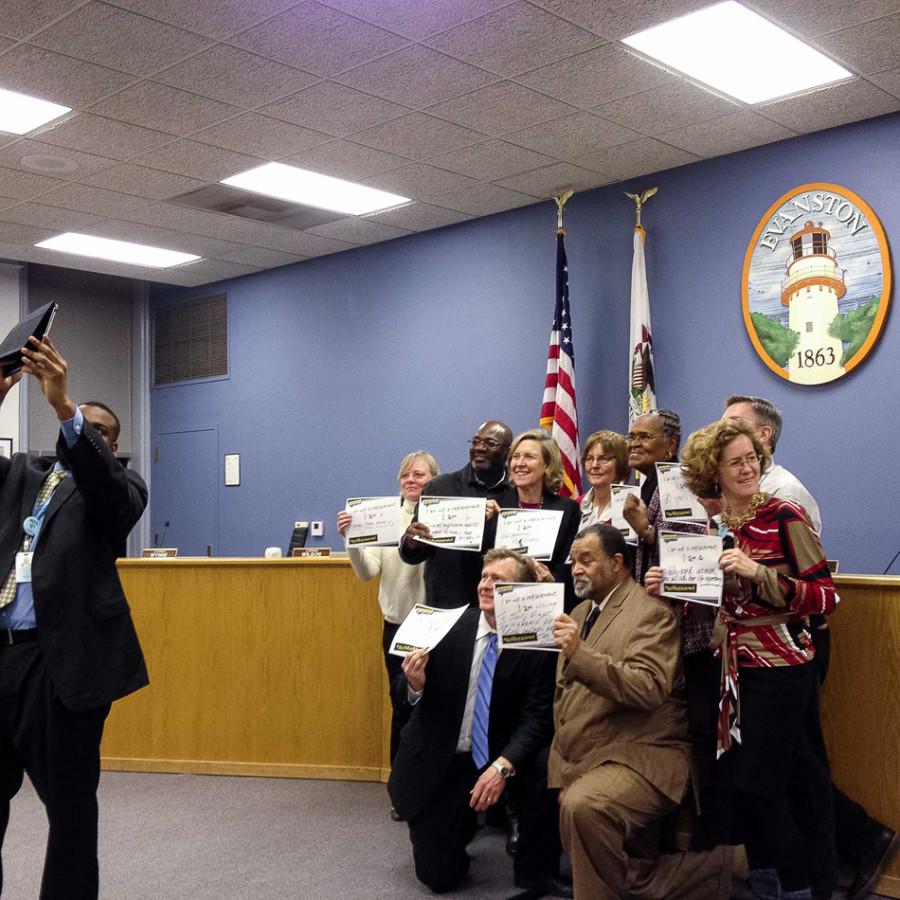 City officials pose for a selfie promoting national Kick Butts Day. The Evanston Department of Health and Human Services will use the photo to promote tobacco-free lifestyles for local youth.