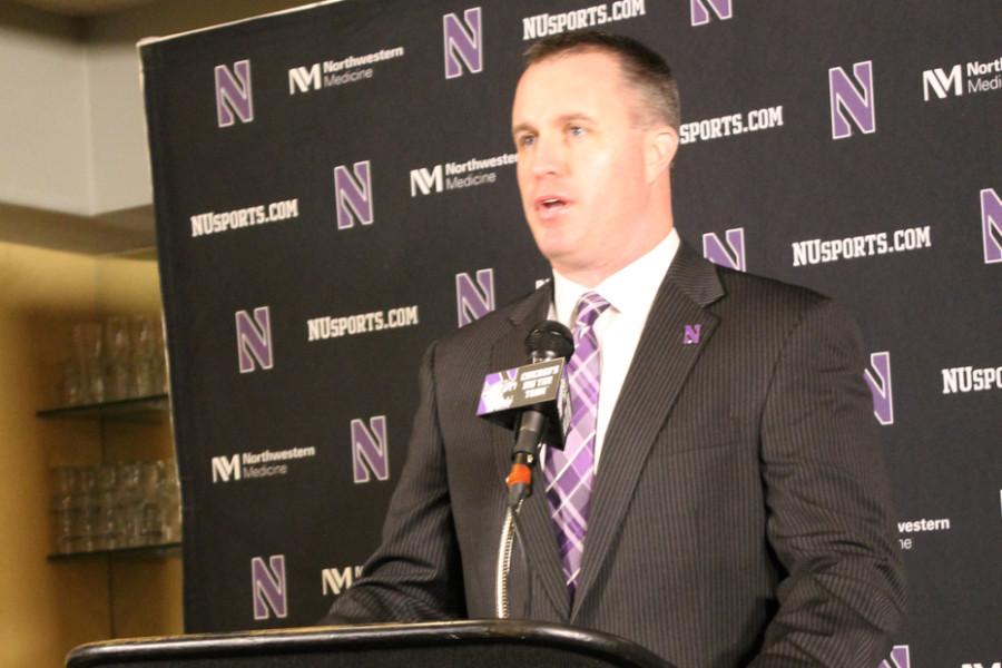 Pat Fitzgerald addresses media at Northwesterns annual signing day press conference. The coach was excited to announce the 20 newest members of the Wildcats football team.