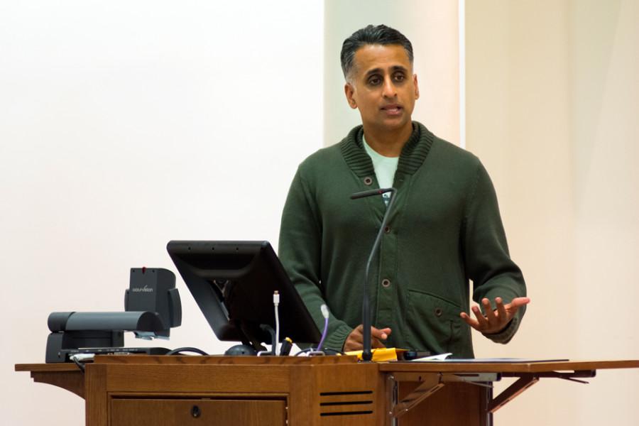 Sanjay Rawal, director of “Food Chains,” a documentary about the treatment of farm workers, speaks after a screening of the film Tuesday. The event was hosted by multiple Northwestern groups, including Real Food at NU.