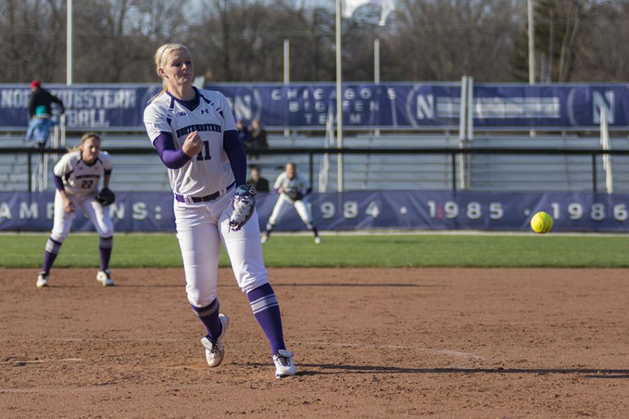 Kristen Wood releases the pitch. The junior has been an ace in her last two starts, keeping no-hitters into the fifth inning each time.
