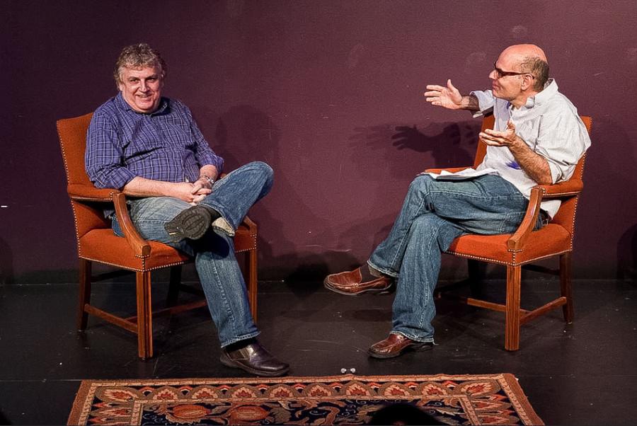 Host Jimmy Carrane chats with Chicago improviser Noah Gregoropoulos (Communication ‘81). The two will be reunited Thursday when Carrane hosts his show, “Improv Nerd,” in Harris Hall with Gregoropoulos as a guest. 