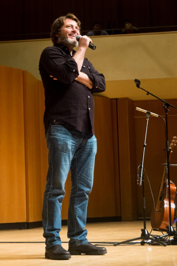 Actor+and+comedian+Nick+Offerman+speaks+at+Pick-Staiger+Concert+Hall+on+Saturday+night.+Offerman+discussed+his+woodworking+hobby+and+political+beliefs%2C+and+interspersed+his+talk+with+songs+on+a+homemade+ukulele.