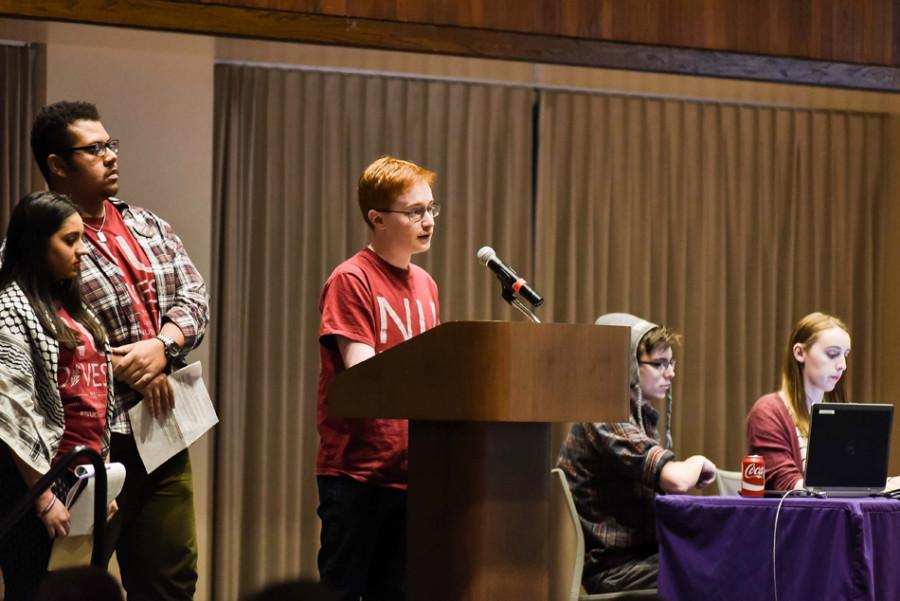 Weinberg junior and member of NUDivest Noah Whinston speaks during last week’s Associated Student Government Senate, during which the campaign’s divestment resolution passed. NU joins a growing number of universities that have passed such resolutions.