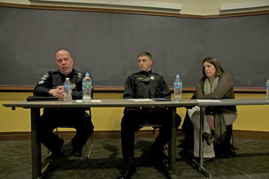 University Police sergeant Steve Stoeckl, Evanston police officer Scott Sengenberger and student conduct and conflict resolution director Tara Sullivan discuss drug policy and police jurisdiction. Students for Sensible Drug Policy hosted the panel to educate students on their rights with law enforcement and to clarify misconceptions.