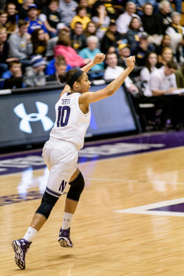  Nia Coffey celebrates a successful play. The sophomore forward dominated the Wolverines, posting 25 points and 11 rebounds in a 63-62 victory.  