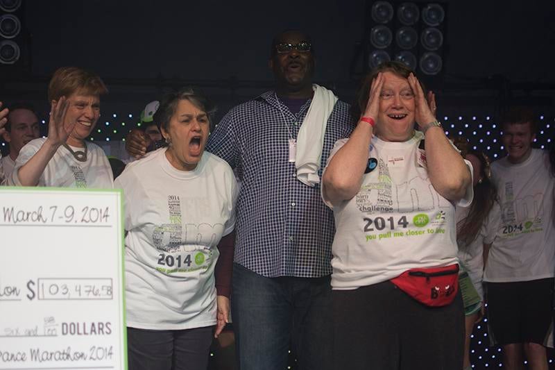 Evanston Community Foundation President Sara Schastok (right) reacts to receiving a check from Dance Marathon for $103,476.58 in 2014. DM 2015 will be Schastoks last year as CEO and president of DMs secondary beneficiary.