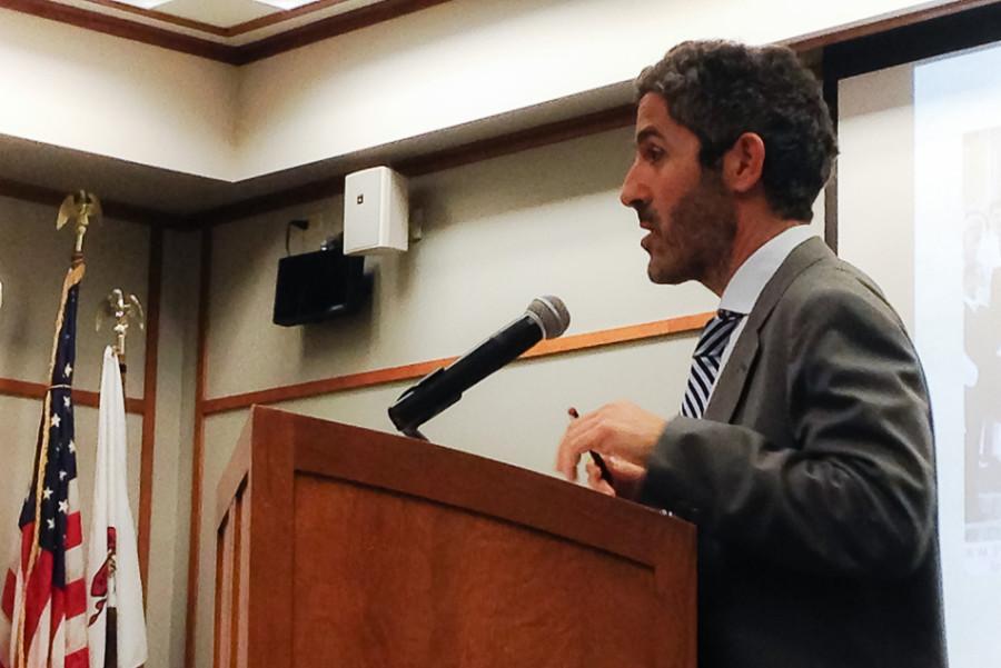 Ussama Makdisi, a professor of history at Rice University, speaks Monday at the Evanston Public Library. Makdisi discussed the origins of sectarianism in the modern Middle East.