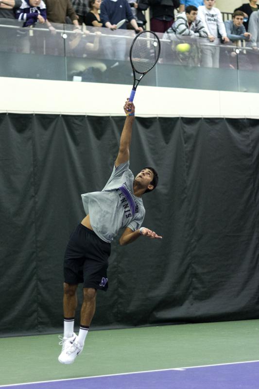 Mihir Kumar serves one up. The junior has formed a dynamic partnership with sophomore Alp Horoz, as the duo has gone 9-1 in the No. 3 doubles spot this season.
