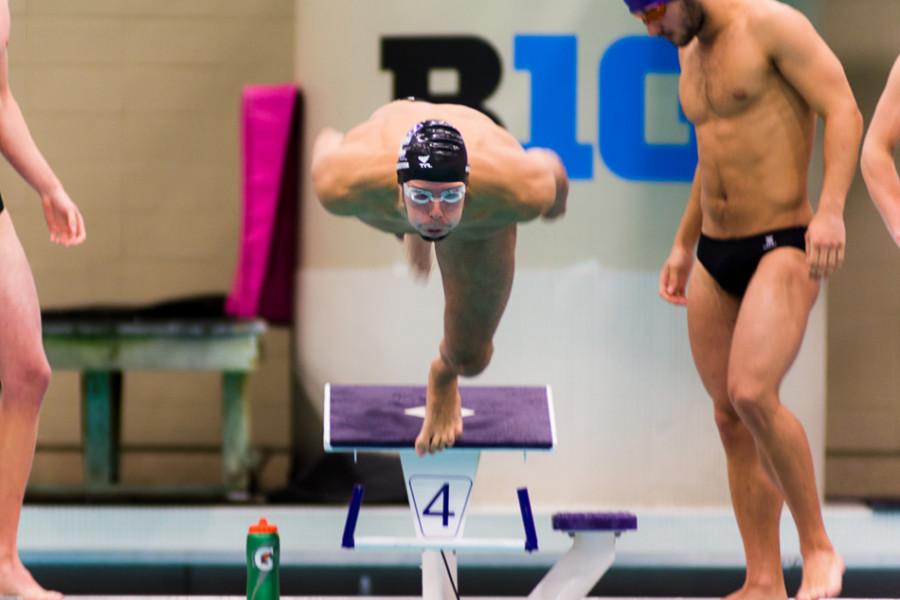 A Northwestern swimmer leaps into the pool. The Wildcats had a handful of strong individual performances, but struggled as a team at the Big Ten Championships, placing ninth out of 10 schools.