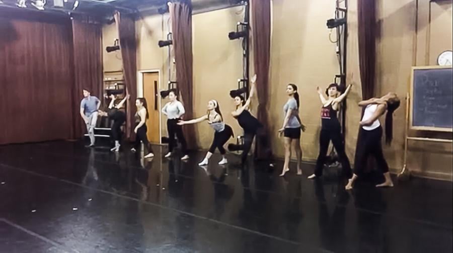 Dancers rehearse for “B-Tracks,” choreographed by Jeff Hancock and Darrell Jones, a piece in “Danceworks 2015: Ties that Bind.” The work features a vogue style and fans as props. 