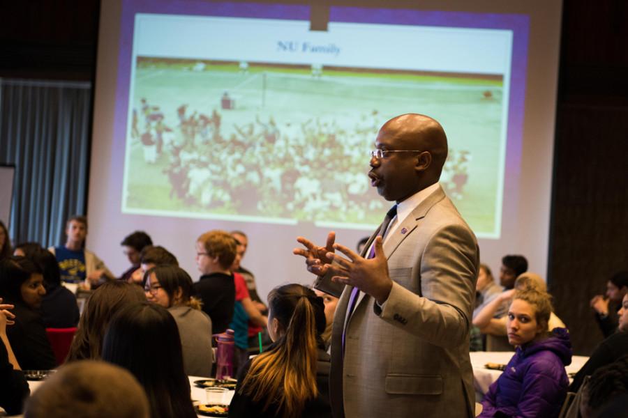 Patrick Day (SESP ’92) talks Wednesday about the importance of deliberate leadership in community. Day spoke at the sixth annual Gregg A. Kindle Distinguished Lecture on Community, which all resident assistants were required to attend.