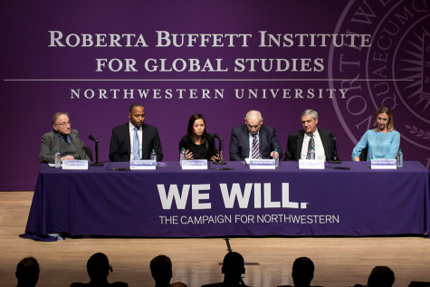 A panel discusses global issues at the January announcement of Roberta Buffett Elliott’s more than $100 million gift to Northwestern. The Buffett Institute for Global Studies is using part of that gift to expanded its scholarship and research programs.