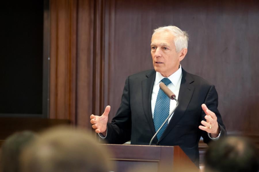 Retired four-star Gen. Wesley Clark speaks Thursday in Harris Hall at an event hosted by Buffett Institute for Global Studies. Clark urged for immediate U.S. military support in Ukraine.