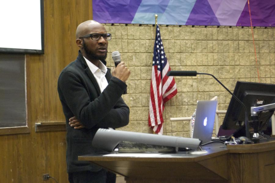 Novelist Teju Cole discusses the “white-savior industrial complex” Thursday night. Cole, author of the novel “Open City,” said he was surprised so many people attended the event.