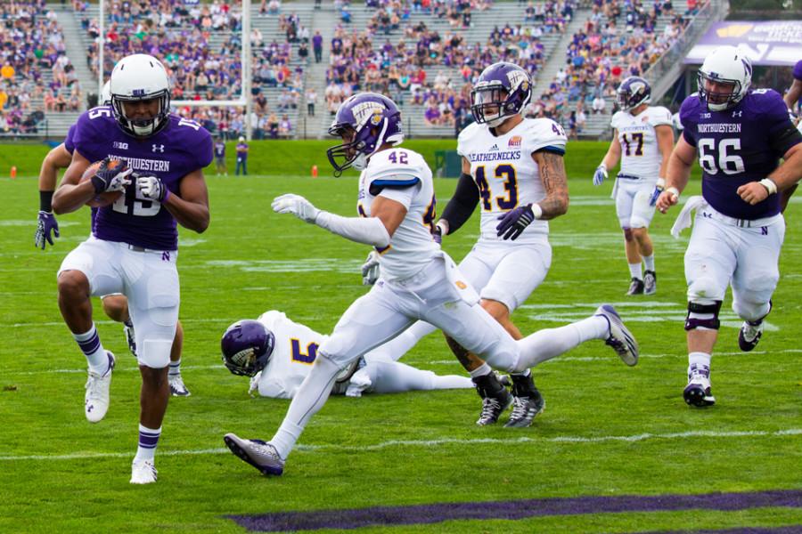 Solomon+Vault+trots+into+the+endzone+for+a+touchdown.+The+freshman+running+back+faces+competition+from+classmate+Auston+Anderson+in+a+crowded+Northwestern+backfield.
