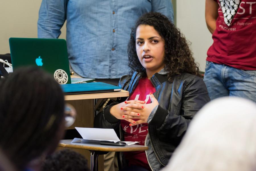 Melisa Stephen (Weinberg ’14) speaks about “pinkwashing” in the Israeli-Palestinian conflict. At Northwestern Divest’s event Thursday, Stephen said Israel tries to promote its inclusive LGBT policies to hide its record of human rights abuses.