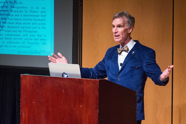 Bill Nye speaks about the importance of addressing climate change at Pick-Staiger Concert Hall on Friday night. College Democrats brought Nye to Northwestern to speak about his environmental efforts and his role in promoting science education and research.