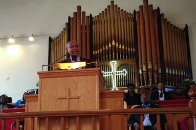 Simeon Wright, Emmett Till’s cousin, tells his eyewitness account Sunday of Till’s story to community members at an Evanston church. Wright said the story of his death is still being told inaccurately after almost 60 years.