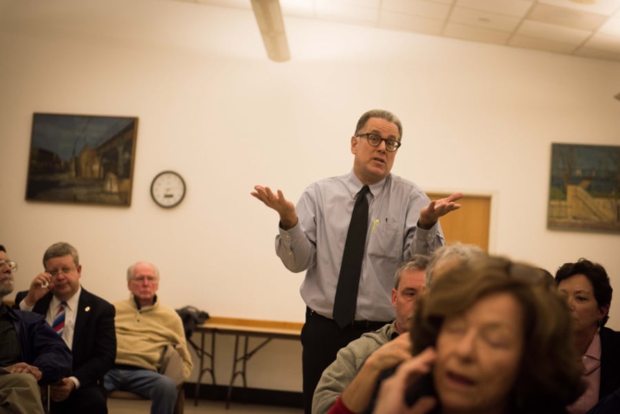 Dan Coyne, one of four 9th ward alderman hopefuls, addresses the crowd Wednesday at a forum hosted by mayor Elizabeth Tisdahl. Tisdahl called the meeting to gather public opinion before replacing Ald. Coleen Burrus (9th), who will leave her position April 24.