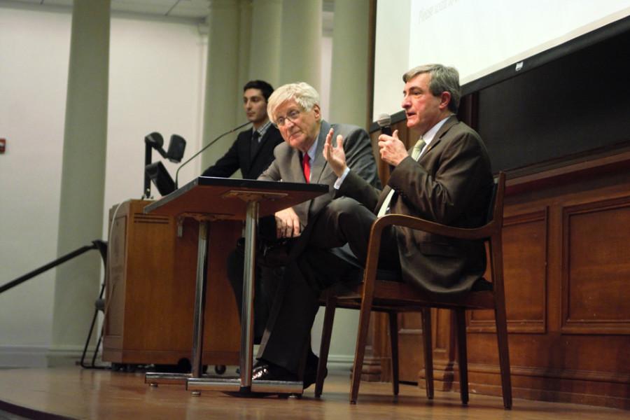 Arnie Gundersen and Jordi Roglans-Ribas answer questions about nuclear energy at an event hosted by Fossil Free NU on Thursday night. Gundersen had issues with the safety and feasibility of nuclear power as an alternative energy source while Roglans-Ribas advocated for its use as a fossil fuel replacement.