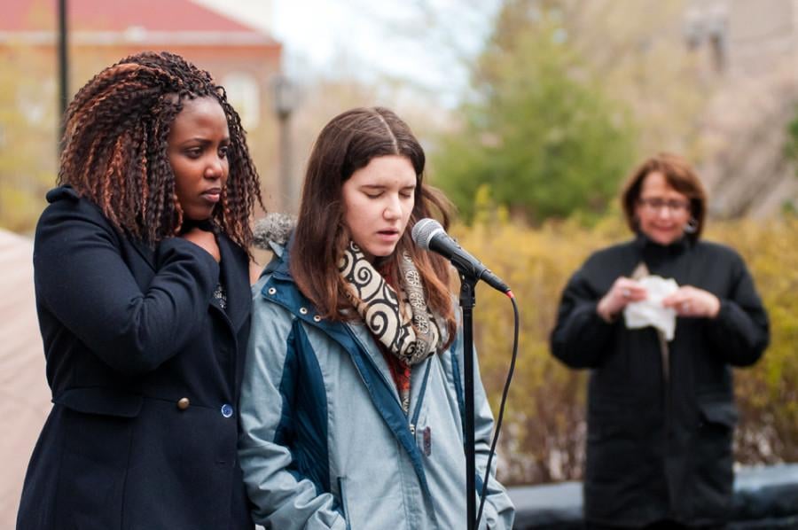 Stephanie Kuyah (left) and Maroua Sallami share stories about Weinberg junior Avantika Khatri at a memorial Thursday afternoon. Khatri died Monday afternoon in her off-campus residence.