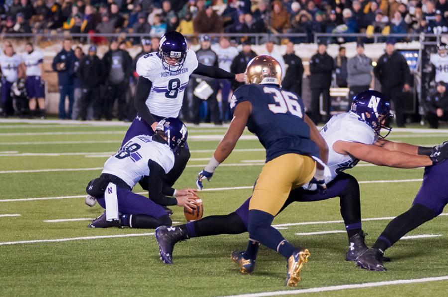 Junior kicker Jack Mitchell steps up to boot the game-winning field goal in NU’s upset win at Notre Dame last season. Mitchell has not only aided the Cats on the football field, but he has also showed off his heroics on the baseball diamond.