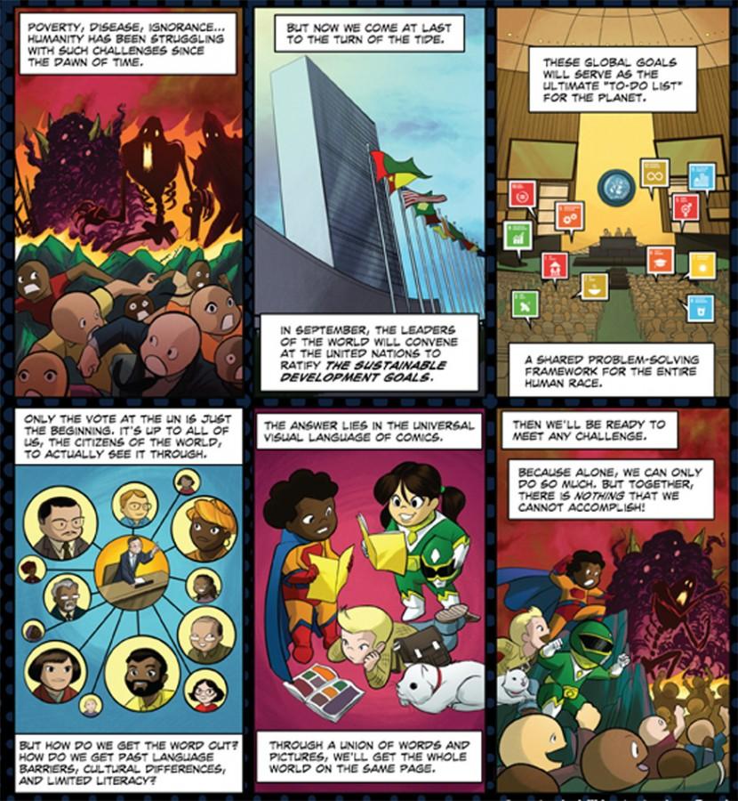 The book “Comics Uniting Nations” was created to help communicate the United Nations Sustainable Development Goals. The team that made the book includes three Northwestern alumni.