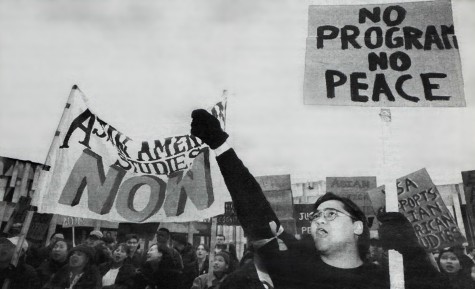 Students rally on April 12, 1995, criticizing administrative resistance to the creation of an Asian-American studies program. That day marked the start of a 23-day hunger strike.