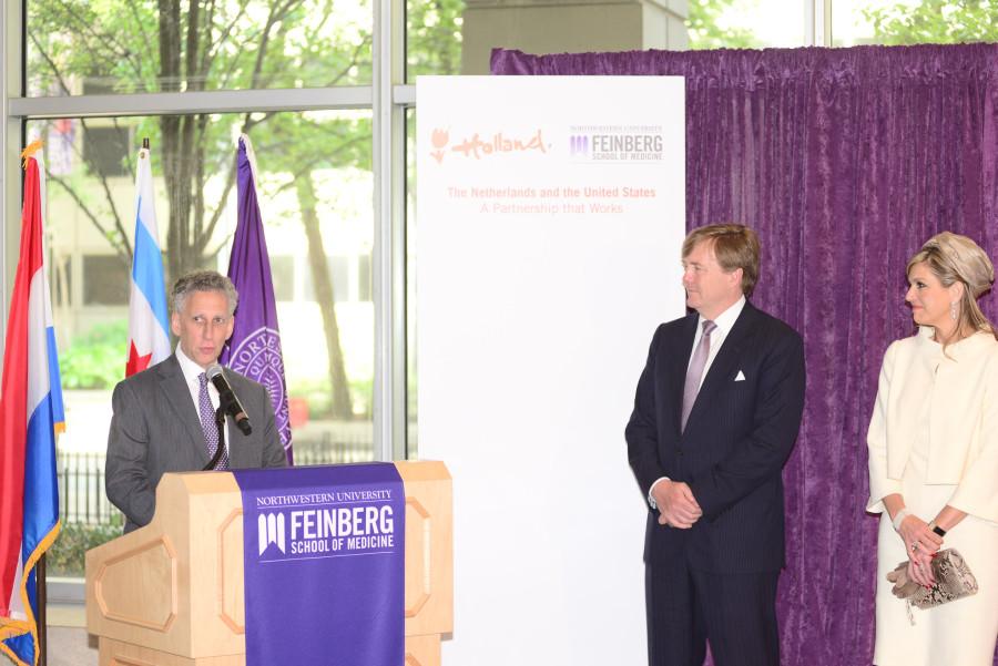 Provost Daniel Linzer welcomes King Willem-Alexander and Queen Maxima of the Netherlands during an event held at Northwesterns Robert H. Lurie Comprehensive Center at NUs Chicago campus. The Dutch royal couple visited NU to establish a partnership with the Feinberg School of Medicine to research healthy aging.