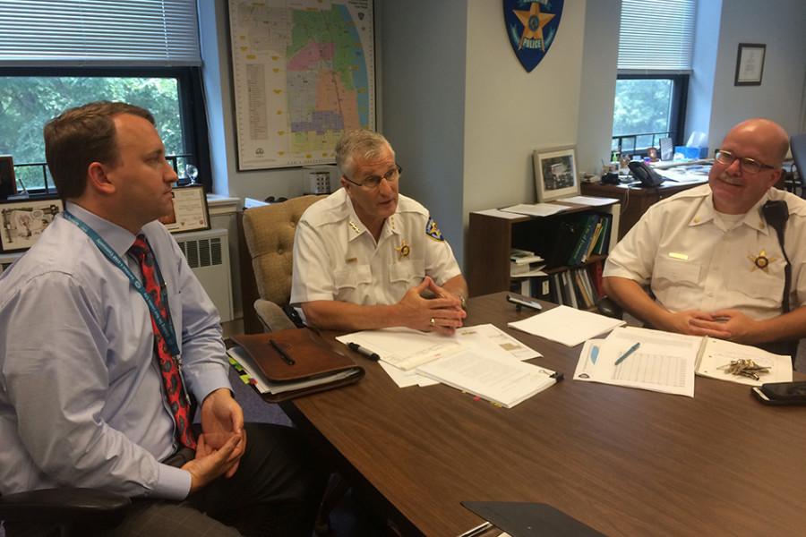 (From left) City attorney Grant Farrar, Evanston police chief Richard Eddington and Cmdr. Joseph Dugan discuss the recent court ruling on the racial profile case involving the son of Medill Prof. Ava Greenwell. The case was dismissed Aug. 6 from the 7th Circuit Court of Appeals.