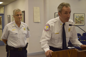 Evanston Police Chief Richard Eddington (left) and Fire Chief Greg Klaiber propose changes Monday to the city’s emergency management. The chiefs suggested to aldermen the addition of a fire command officer to pair with the fire chief to oversee the city’s response efforts.