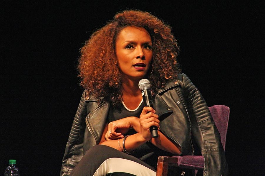Janet Mock addresses an auditorium of NU students Tuesday night. As the speaker for a Multicultural Student Affairs event, the transgender journalist and activist spoke about her experiences with LGBT visibility.