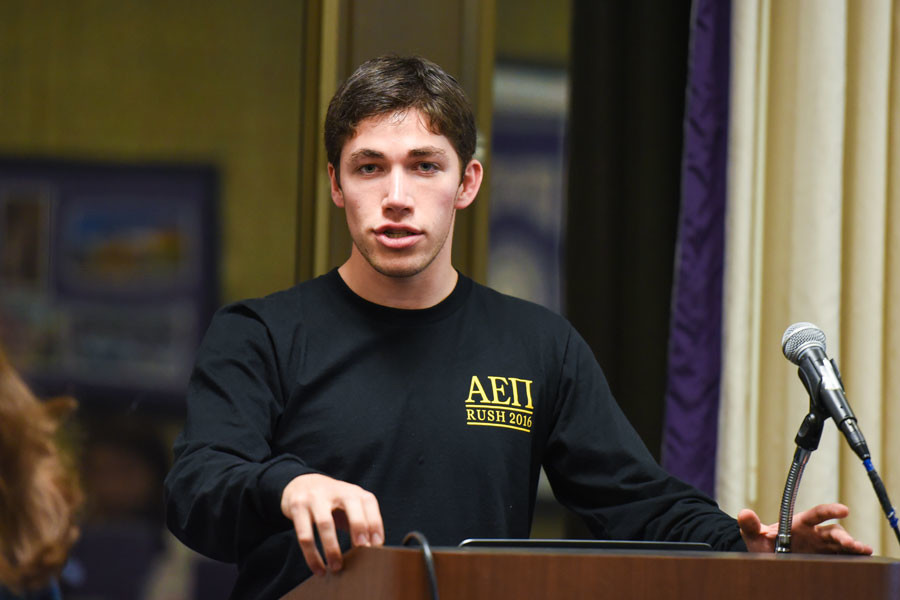Weinberg senior Jonathan Kamel speaks in favor of a resolution that asks administrators to allow students with medical marijuana cards to consume smokeless forms of the drug in University housing. The resolution passed Senate nearly unanimously.