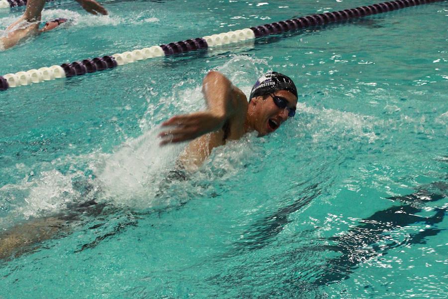 Freshman+Anthony+Marcantonio+competes+in+the+300+meter+freestyle.+The+Cats+dominated+all+three+opponents+they+faced+on+Saturday+when+they+competed+at+the+University+of+Chicago.+