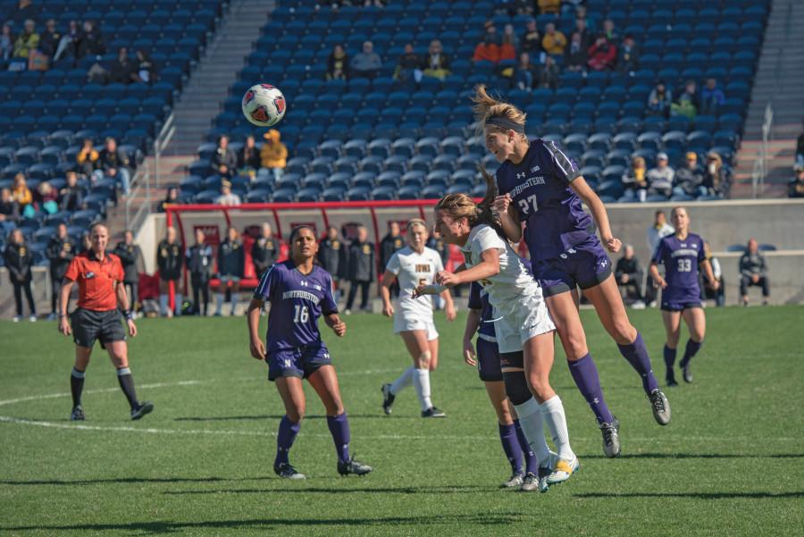 Freshman+defender+Kayla+Sharples+wins+an+aerial+challenge.+Northwestern+has+a+chance+to+clinch+a+spot+in+the+Big+Ten+tournament+against+Illinois+on+Saturday.