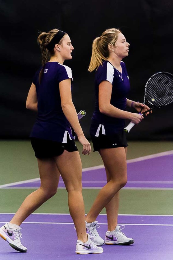 Junior Brooke Rischbieth and sophomore Alex Chatt discuss strategy. Chatt worked with a few different doubles partners last year, but redshirt sophomore Maddie Lipp looks to be her partner for all of this upcoming season.