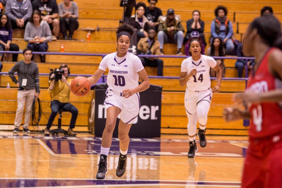 Nia Coffey dribbles the ball up the court during Sundays game against Howard. The Wildcats won 89-49 and Coffey scored a game-high 27 points.