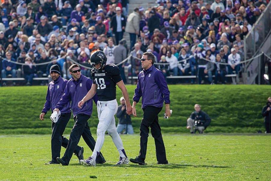 Clayton Thorson walks off the field after getting hurt. Although the redshirt freshman quarterback missed the majority of Saturday’s win over Penn State, he is expected to be ready to play in the team’s next game against Purdue.