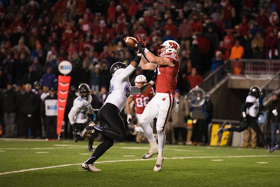 Northwestern linebacker Nate Hall contests a Wisconsin pass late in the fourth quarter of Saturdays game. The Wildcats stopped the Badgers short of the end zone to preserve the 13-7 victory.