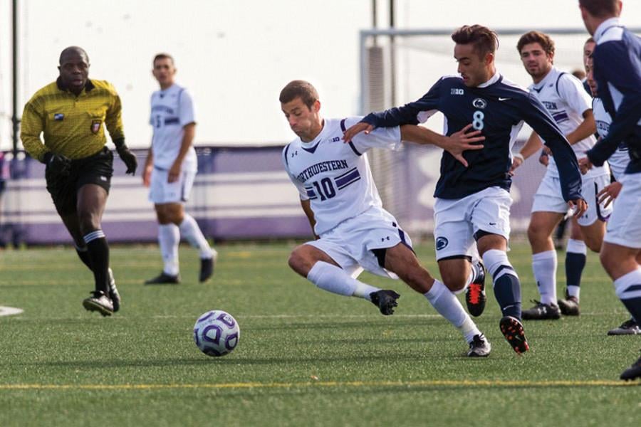 Joey Calistri shields off a defender. The senior forward will be leading the Cats’ attack when the team travels to Wisconsin with a chance to snatch the regular season conference championship.