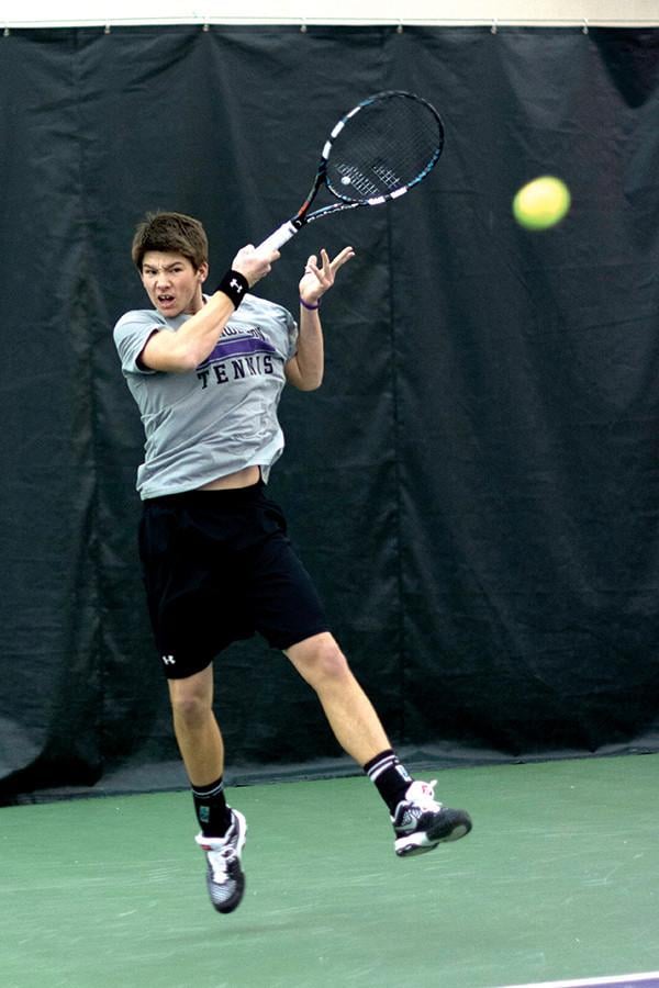 Junior Strong Kirchheimer hits a return. Kirchheimer, who made the semifinals of the Big Ten Singles Championships his freshman year, will step aside as Northwestern’s three freshmen compete in the 2015 edition of the tournament this weekend.
