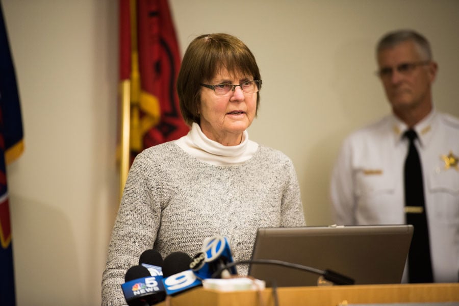 Mayor Elizabeth Tisdahl and Police Chief Richard Eddington spoke at a news conference Monday about the city’s plans to address 11 properties with a history of police activity. Six of the 11 properties are located within a block of Evanston Township High School.