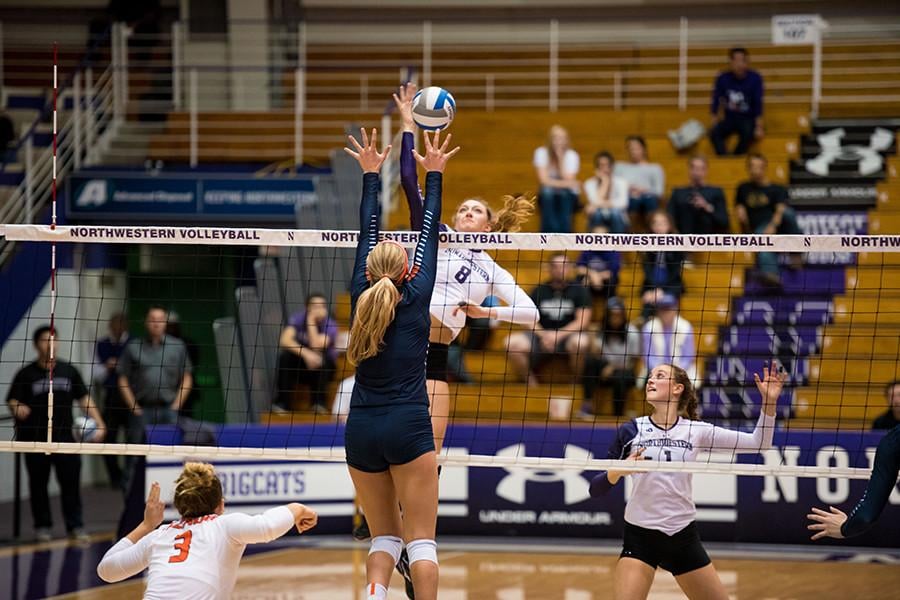 Sophomore+middle+blocker+Gabrielle+Hazen+leaps+for+a+spike.+Hazen+and+the+Wildcats+will+count+on+their+resiliency+as+they+look+to+win+a+rematch+with+Illinois+on+Saturday.