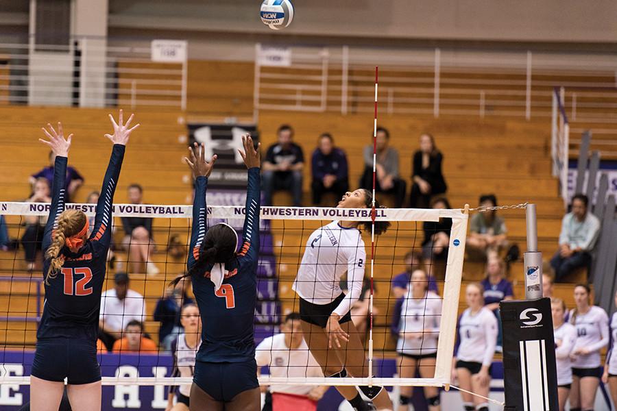 Symone+Abbott+leaps+to+spike+the+ball.+Despite+one+of+the+country%E2%80%99s+toughest+schedules%2C+the+sophomore+hitter+still+hopes+that+the+Cats+can+reach+the+NCAA+Tournament.